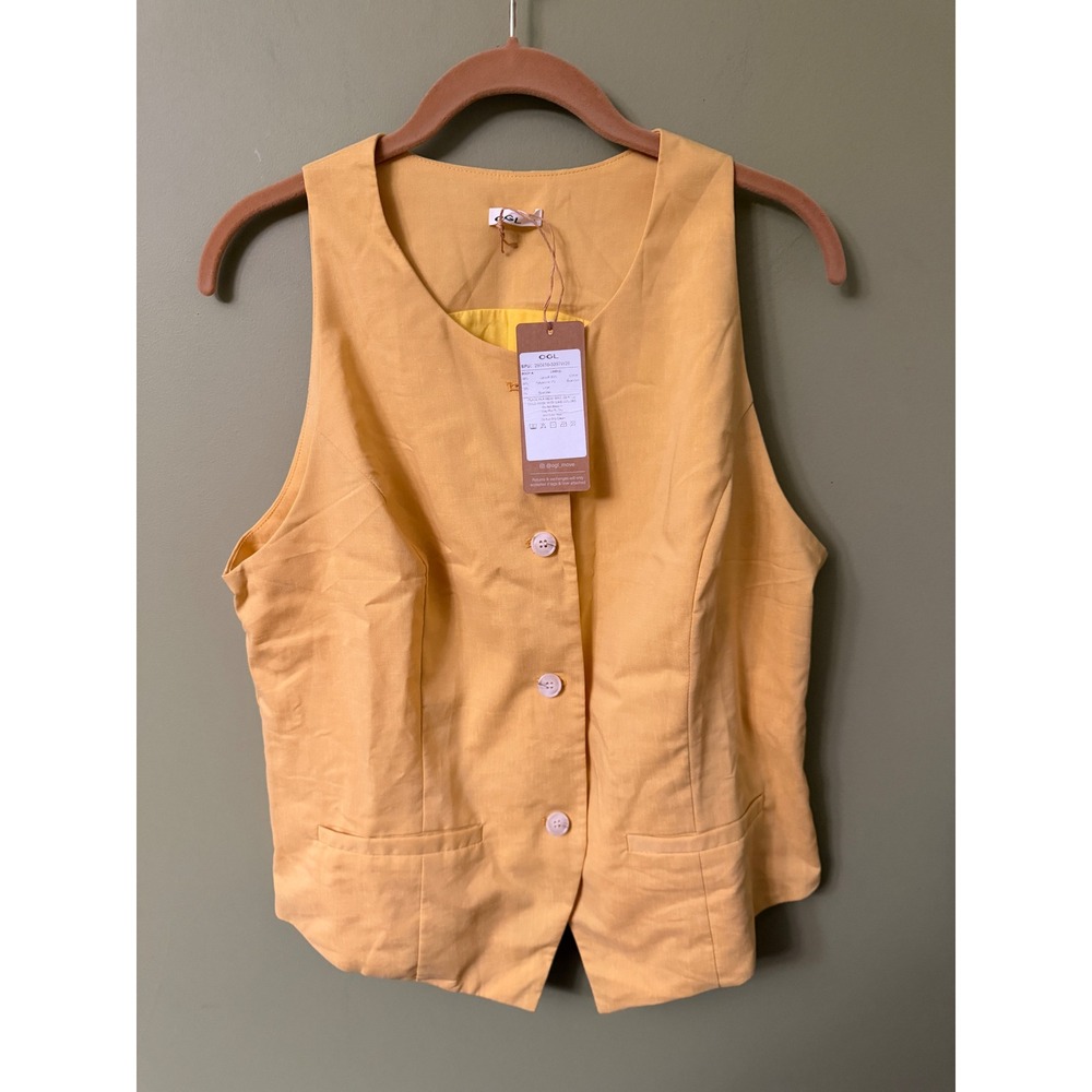 OGL Move Mustard Yellow Lyocell Linen Blend Button Down Vest Large NWT